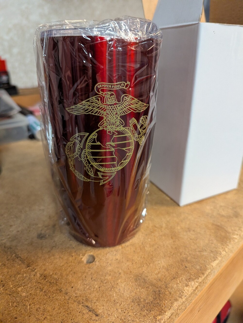 New In box Red Stainless Steel Insulated Tumbler with Gold USMC Emblem